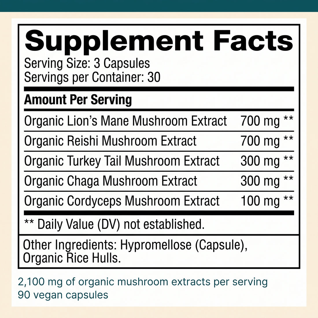 5 Mushrooms Reserve Blend: 5 Mushrooms Reserve Blend Supplement Facts, five organic extracts totaling 2,100 mg per three-capsule serving.