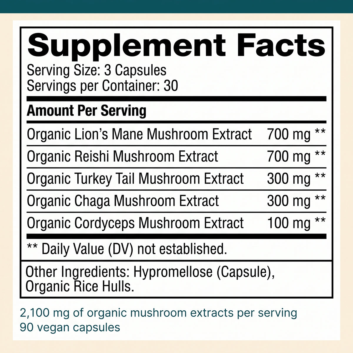 5 Mushrooms Reserve Blend: 5 Mushrooms Reserve Blend Supplement Facts, five organic extracts totaling 2,100 mg per three-capsule serving.