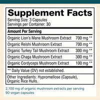 5 Mushrooms Reserve Blend: 5 Mushrooms Reserve Blend Supplement Facts, five organic extracts totaling 2,100 mg per three-capsule serving.