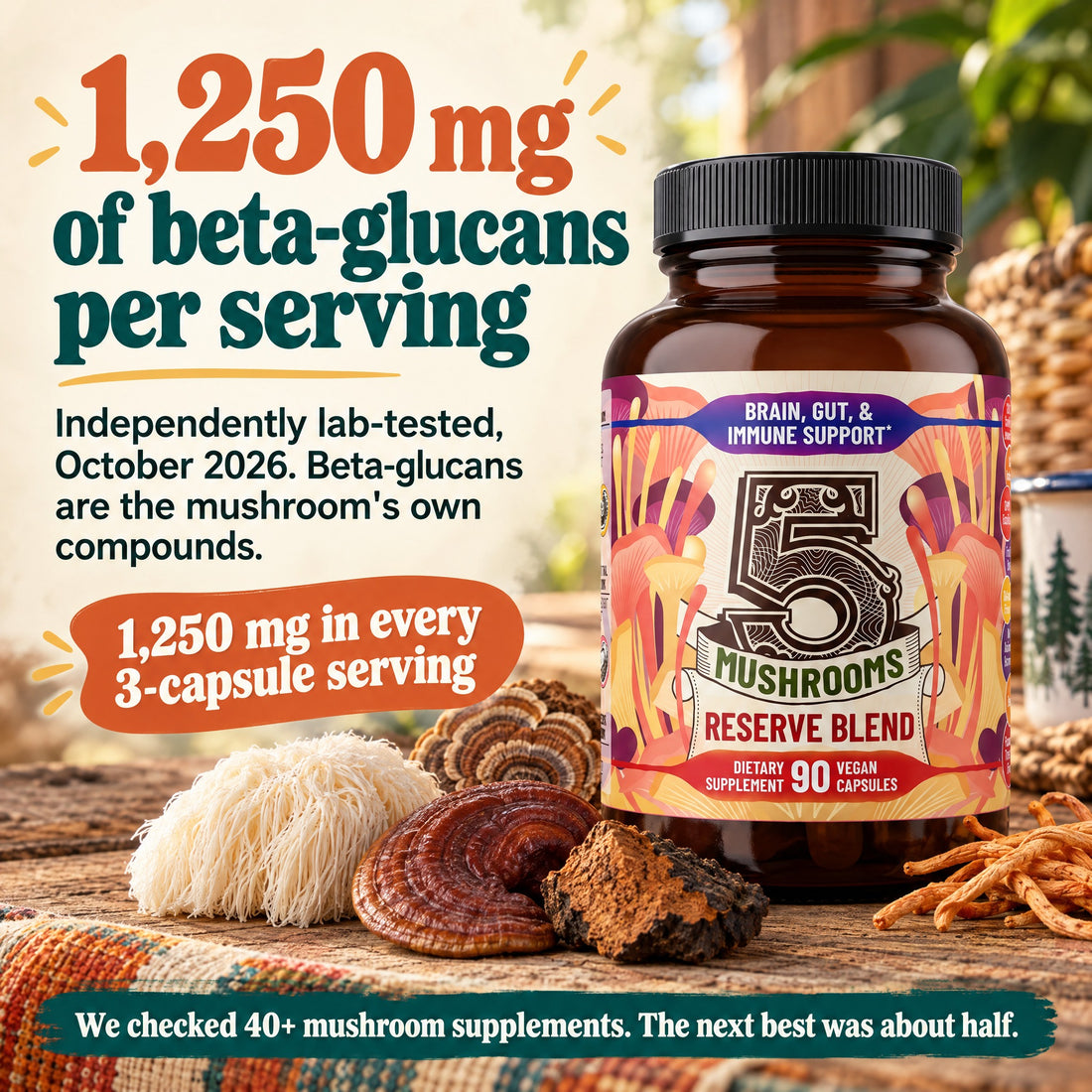 5 Mushrooms Reserve Blend: 1,250 mg of beta-glucans per serving, independently lab-tested