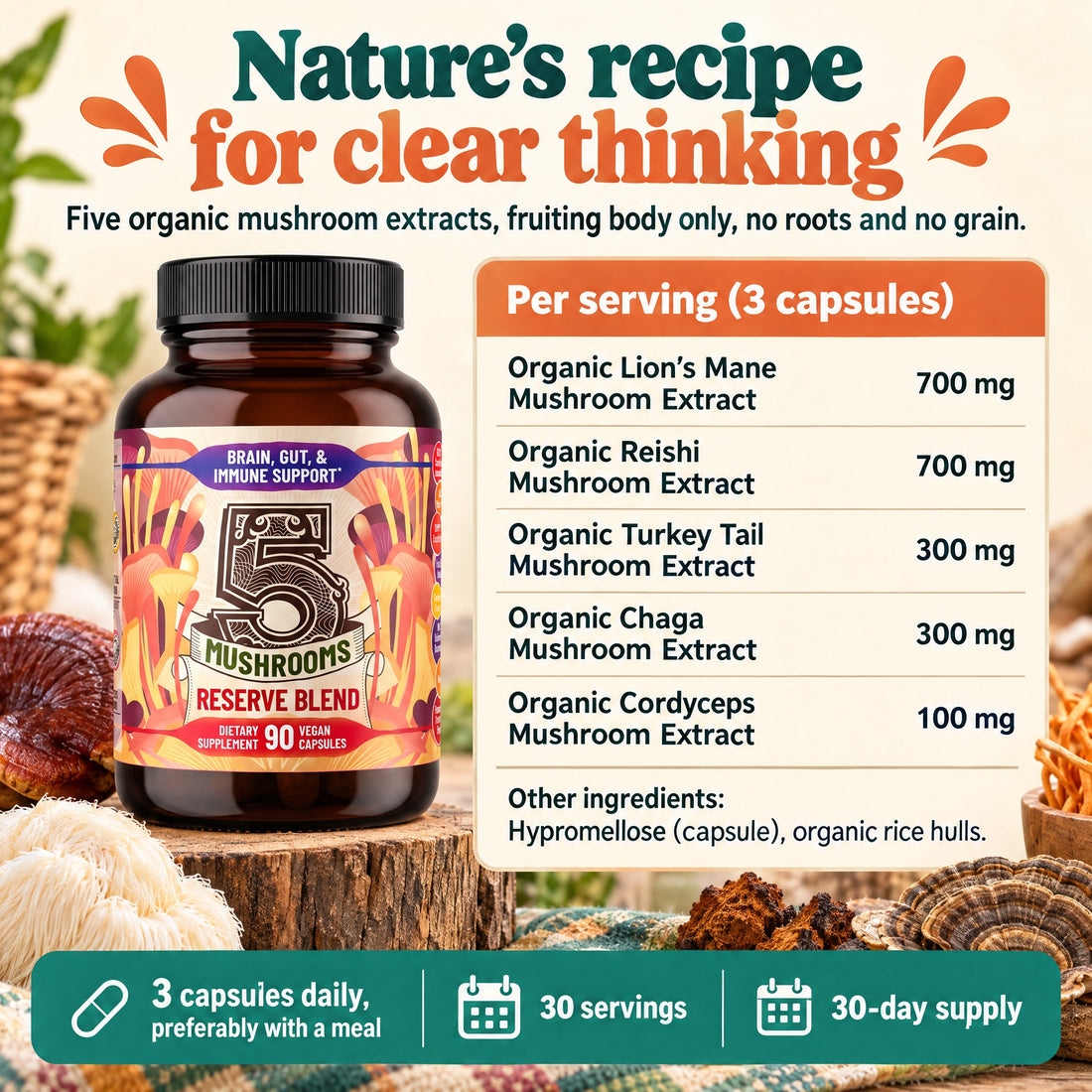 5 Mushrooms Reserve Blend: nature's recipe for clear thinking, five extracts and doses per serving