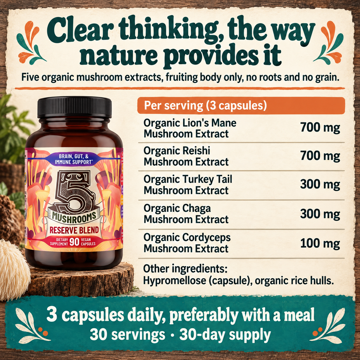 5 Mushrooms Reserve Blend: complete ingredients, serving amounts and daily use