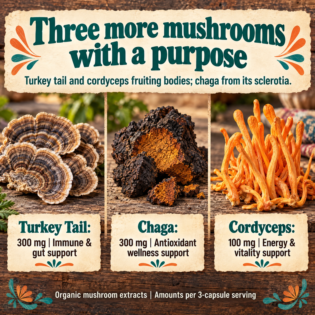 5 Mushrooms Reserve Blend: turkey tail, chaga and cordyceps