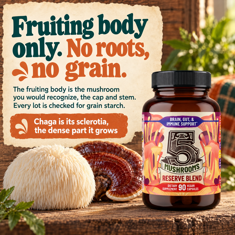 5 Mushrooms Reserve Blend: fruiting body only, no roots, no grain