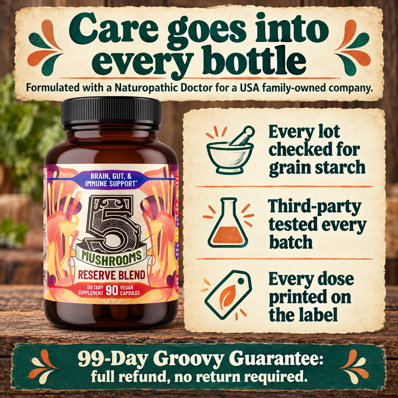 5 Mushrooms Reserve Blend: grain-starch check, third-party tested, every dose printed