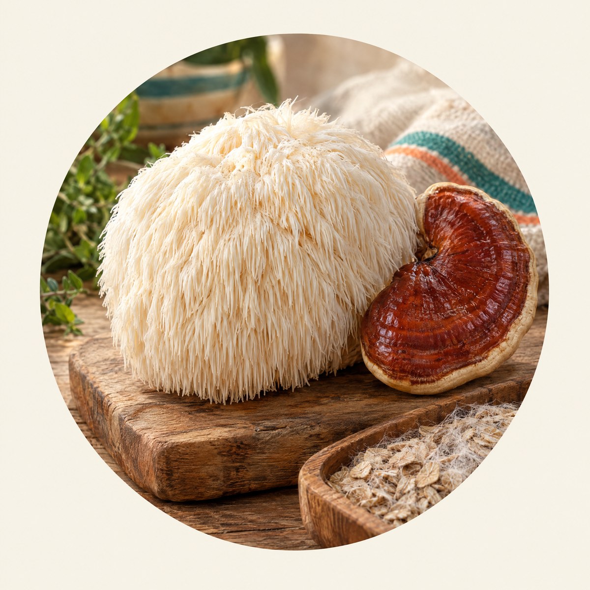 5 Mushrooms Reserve Blend, step 1: real mushroom, lion's mane and reishi beside a tray of oats