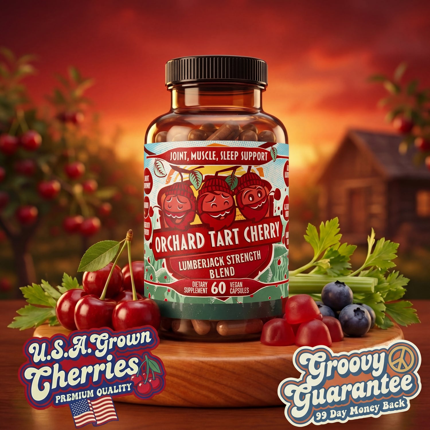 Orchard Tart Cherry capsules bottle with cherries, blueberries, celery, and 99-day guarantee badge