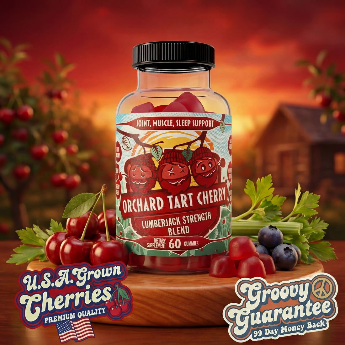 Orchard Tart Cherry gummies bottle with cherries, blueberries, celery, and 99-day guarantee badge