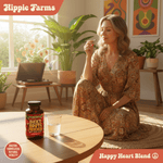 Woman taking beetroot supplement capsule from Premium Total Heart & Circulation Blend bottle on table, glass of water nearby