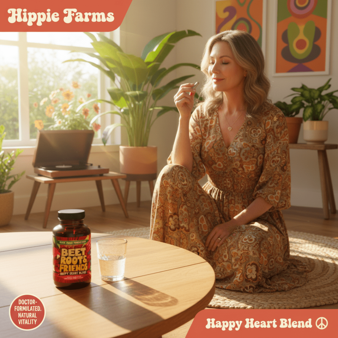 Woman taking beetroot supplement capsule from Premium Total Heart & Circulation Blend bottle on table, glass of water nearby