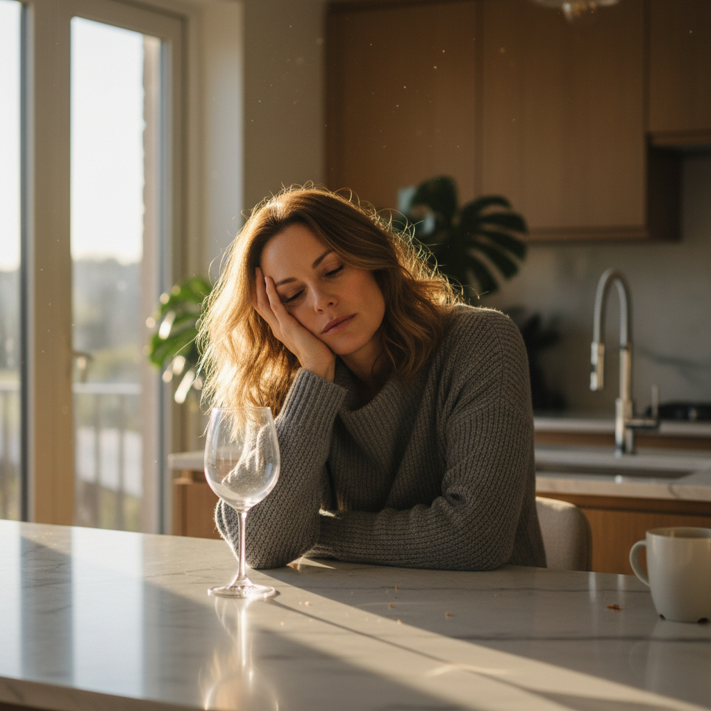 Woman in her 40s looking exhausted the morning after one glass of wine