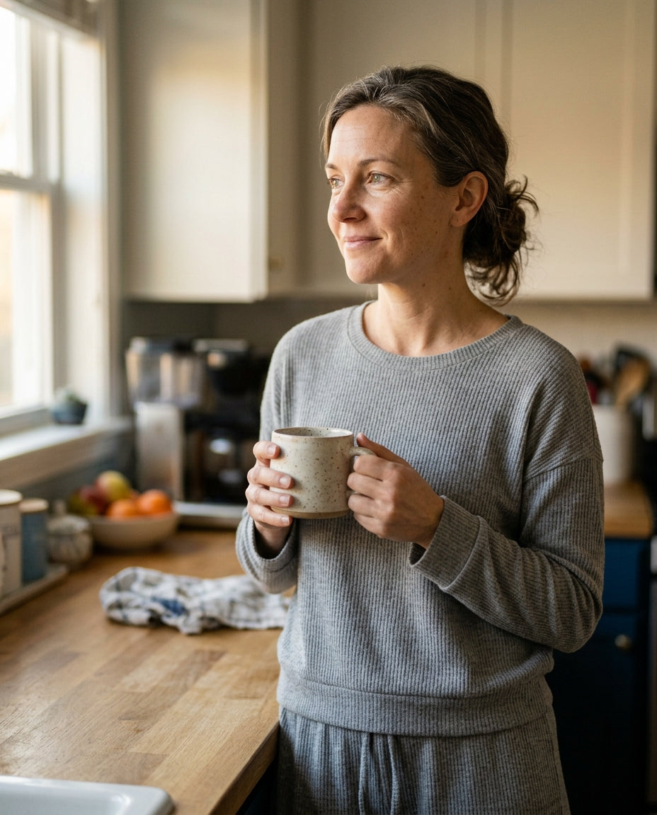 Woman in a calm kitchen with soft morning light after a better night of sleep