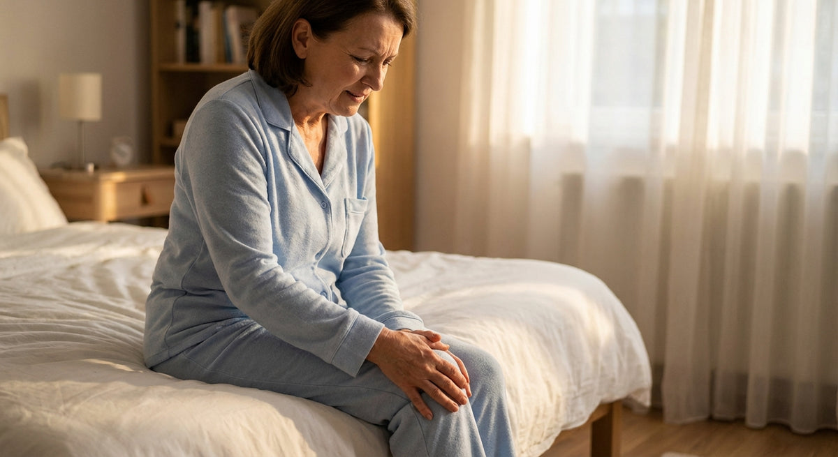 Woman experiencing joint stiffness and knee pain in the morning