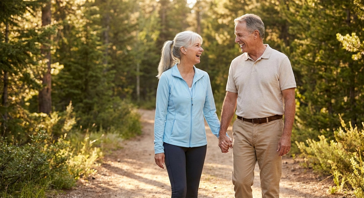 Active couple enjoying a walk together outdoors