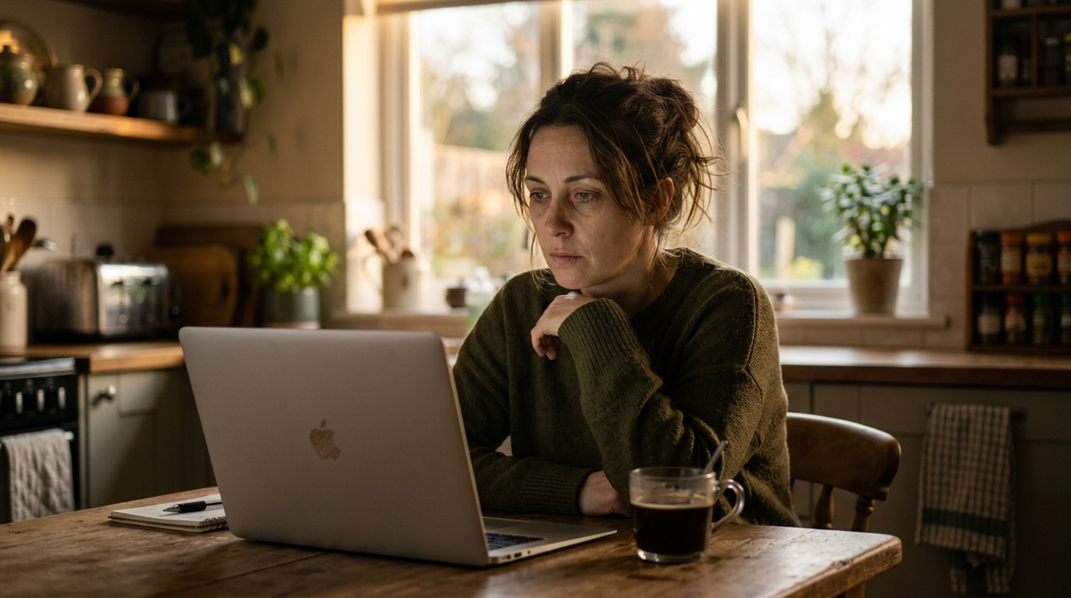 Woman experiencing morning brain fog at kitchen table