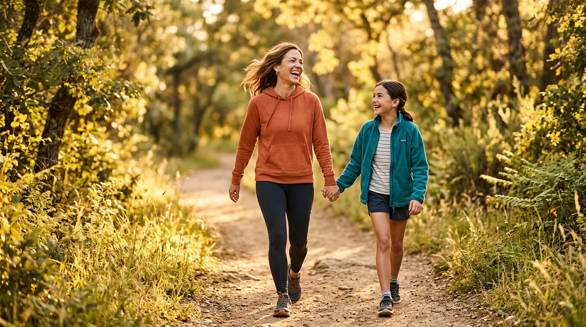 Vibrant mother and daughter walking outdoors