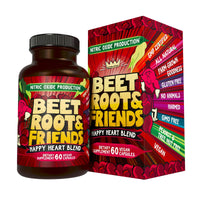 Premium Total Heart & Circulation beetroot supplement — Beet Roots & Friends capsules bottle and box, nitric oxide support, vegan 60 capsules