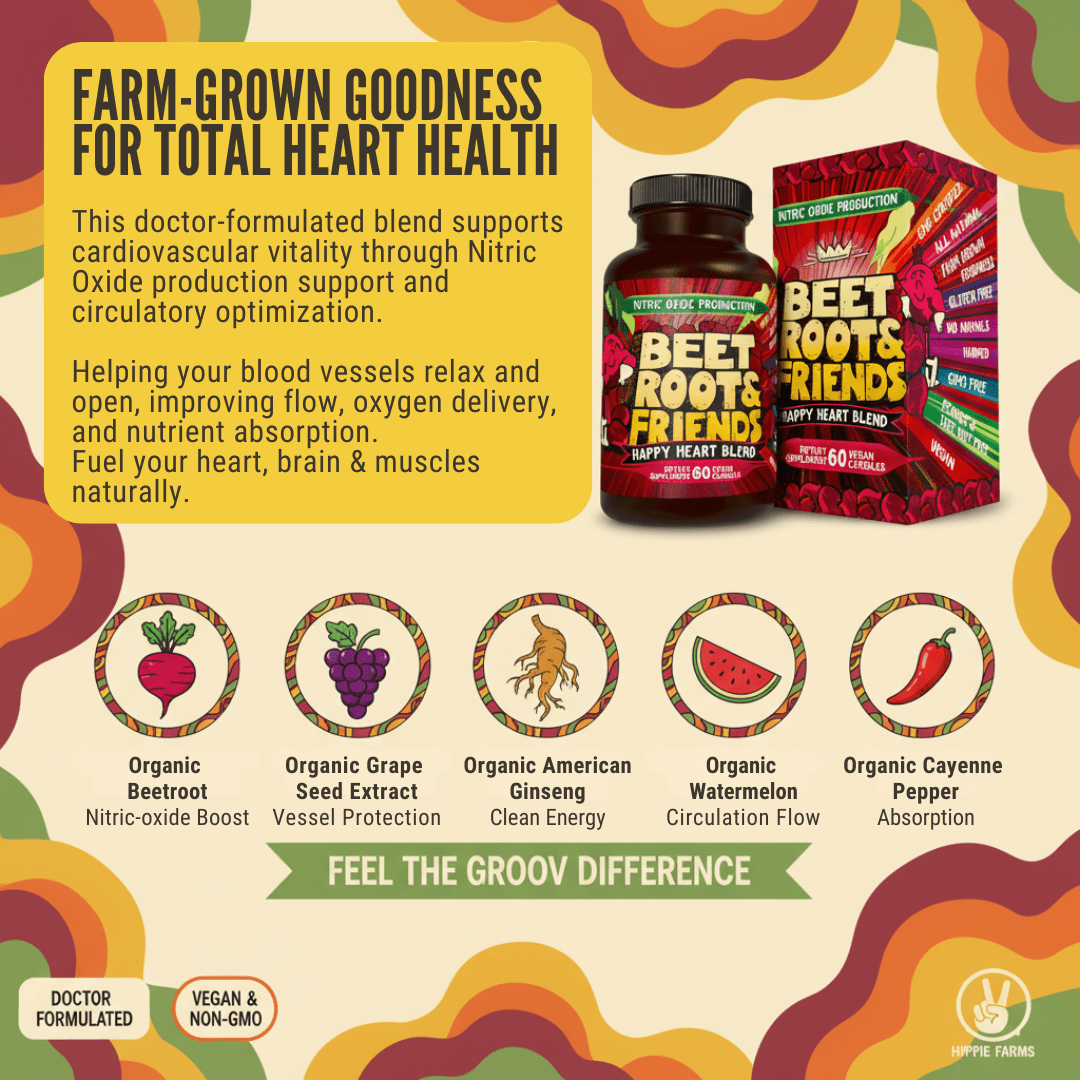 Beetroot supplement jar and box labeled Beet Roots & Friends heart blend with organic beet, grape seed, ginseng, watermelon, cayenne
