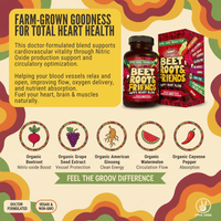 Beetroot supplement jar and box labeled Beet Roots & Friends heart blend with organic beet, grape seed, ginseng, watermelon, cayenne