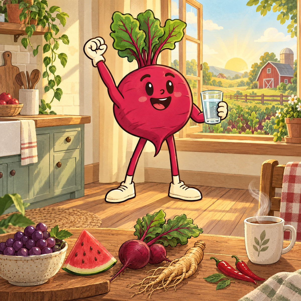 Two capsules every morning: the Beet Root & Friends mascot starting the day in a farmhouse kitchen with grapes, watermelon, beets, ginseng and cayenne
