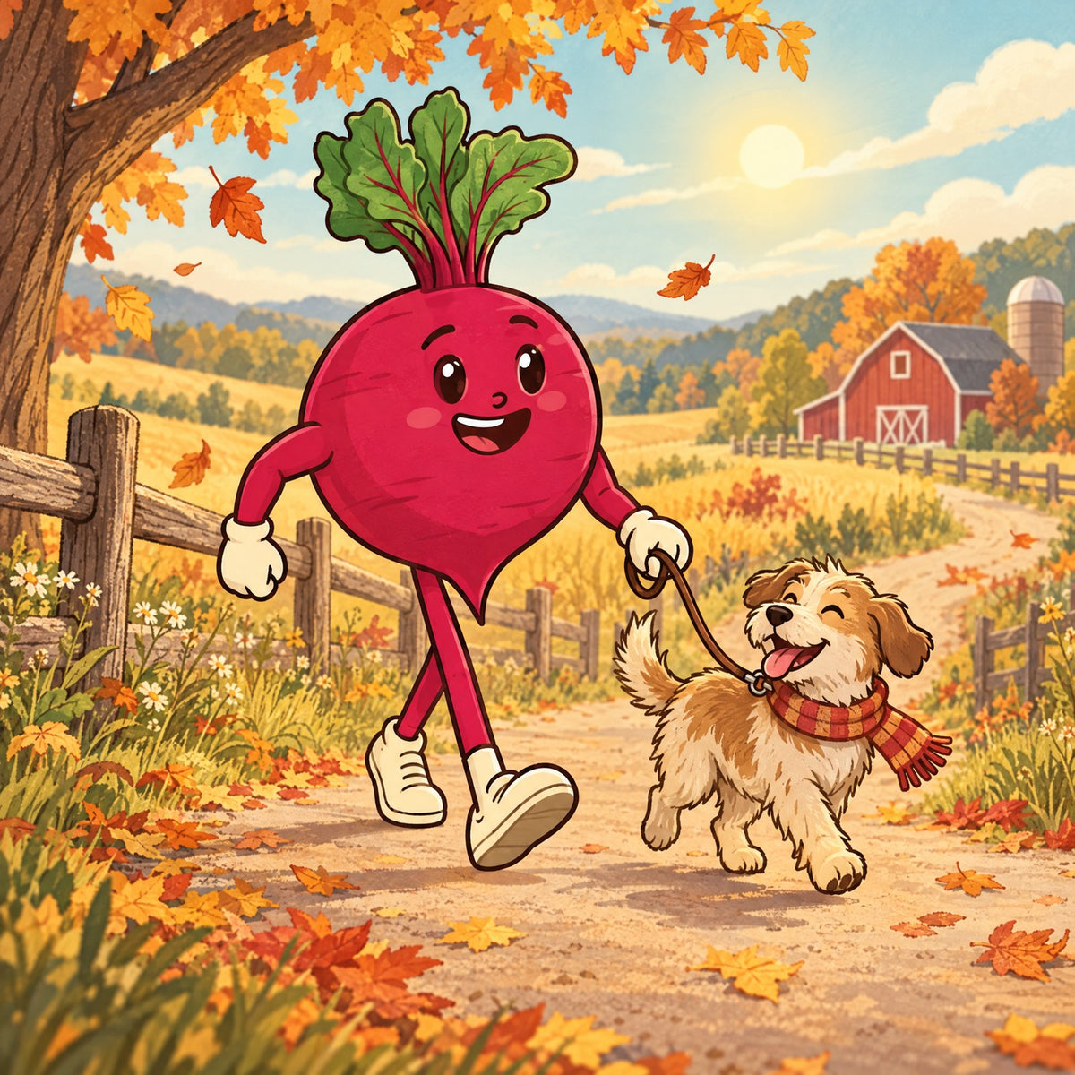 Comfort and circulation: the Beet Root & Friends mascot walking a farm dog down an autumn country lane