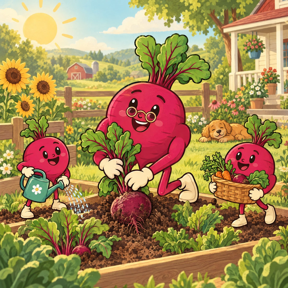 Happy heart for longevity: the Beet Root & Friends mascot gardening with two little beet kids