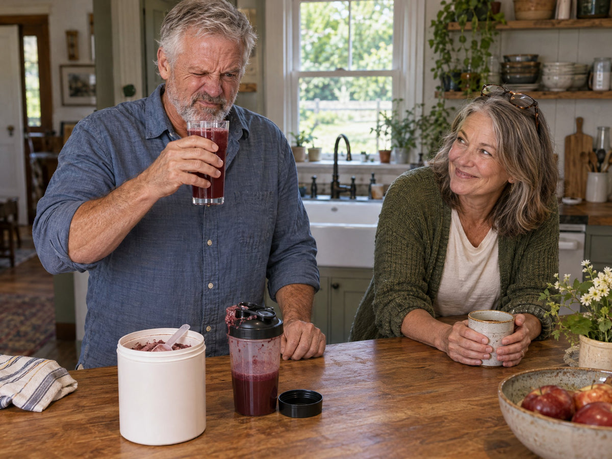 A man grimacing at a glass of beet powder drink while his wife tries not to laugh
