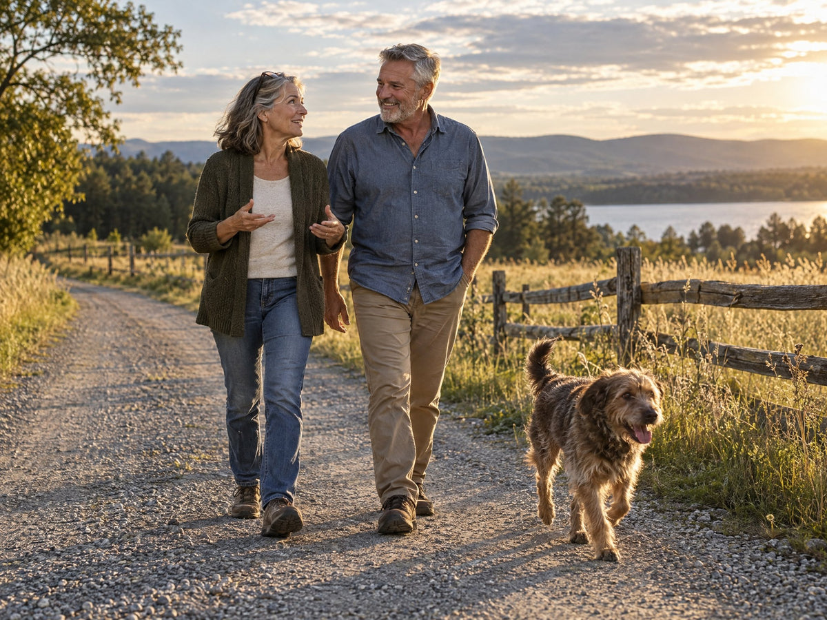 The couple walking a gravel country road in late afternoon with their farm dog