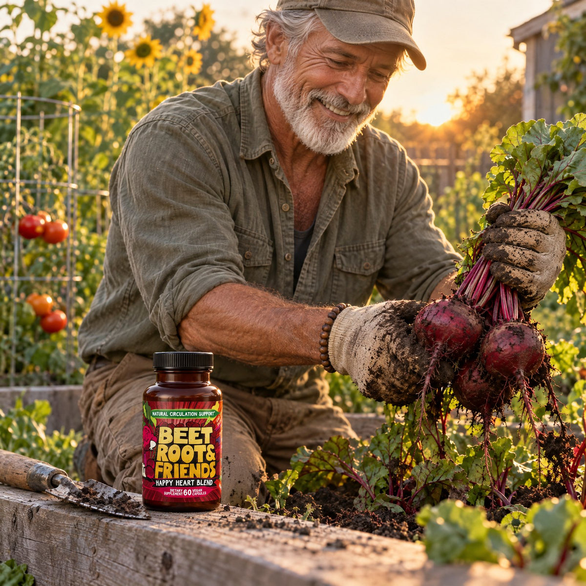 Grinning gardener pulling fresh beets at dusk, Beet Root and Friends bottle on the raised bed