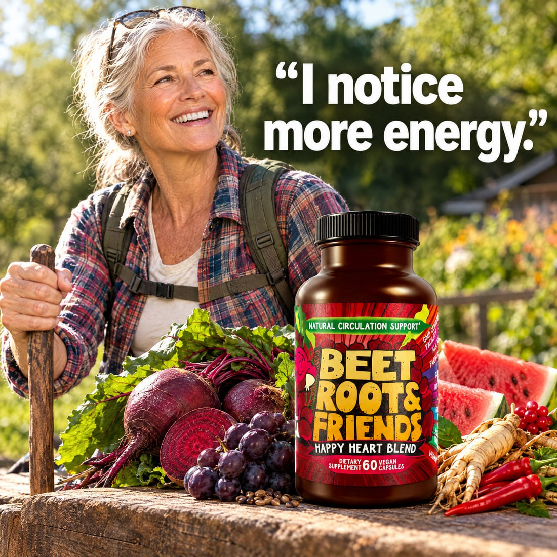 Smiling hiker on a fall trail beside a bottle of Beet Root and Friends