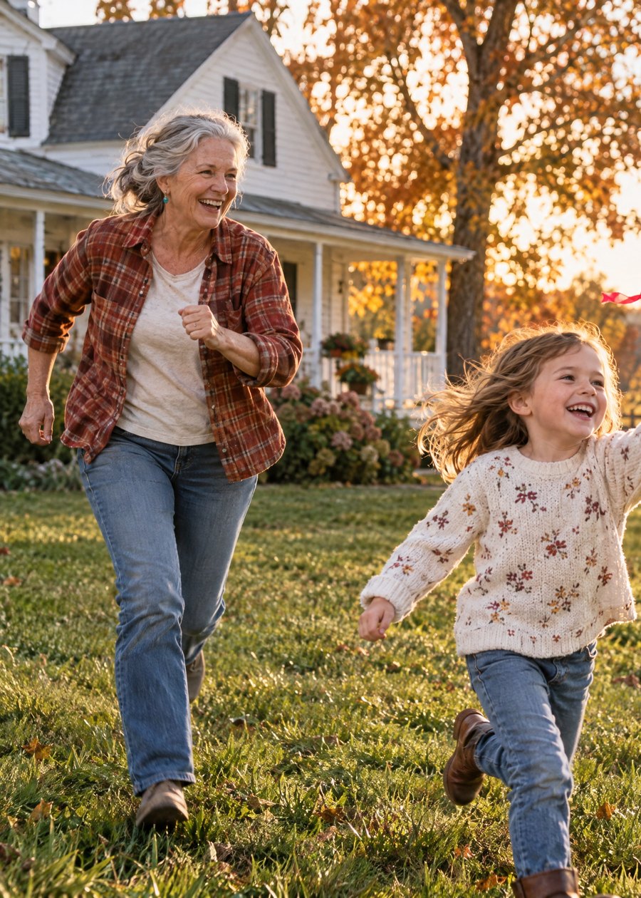 Grandmother laughing as she runs across the yard with her granddaughter