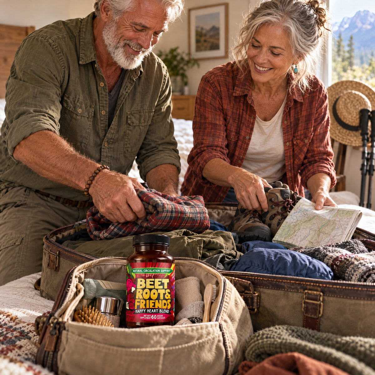 Couple packing a suitcase for a hiking trip with a bottle of Beet Root and Friends