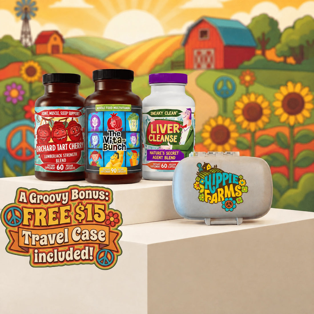 Best Sellers Bundle: Hippie Farms supplement bottles with the free travel pill case