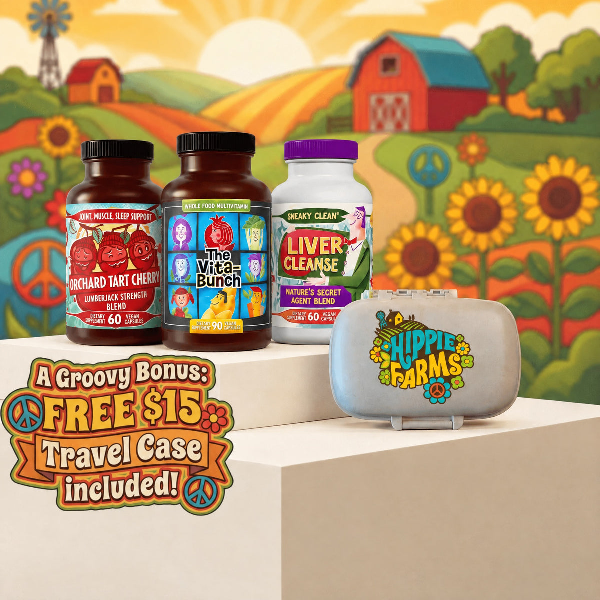 Best Sellers Bundle: Hippie Farms supplement bottles with the free travel pill case