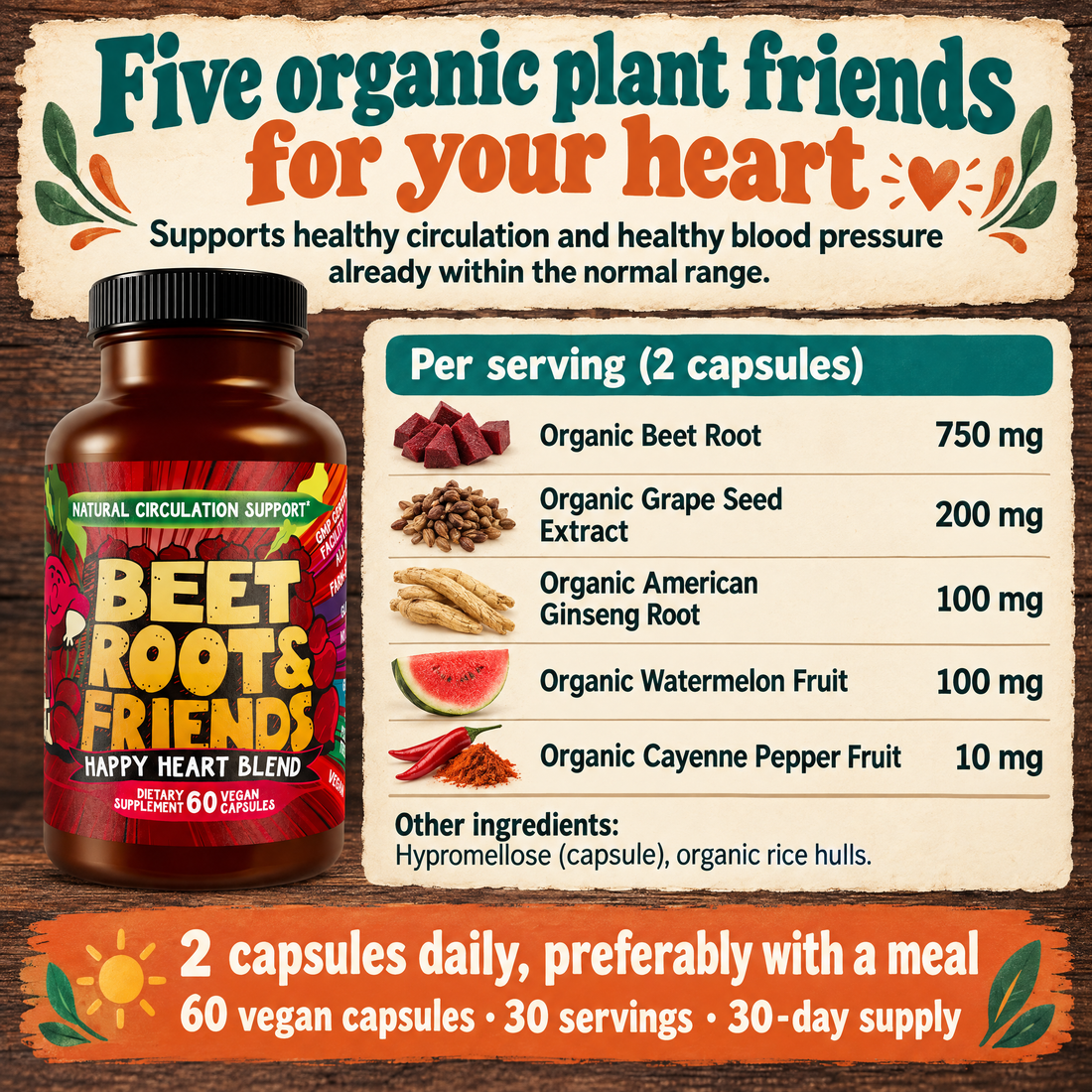 Beet Root & Friends at a glance: five organic ingredients, amounts per serving and daily use