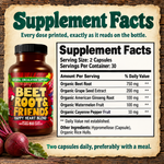 Beet Root & Friends Supplement Facts panel, every dose per two-capsule serving