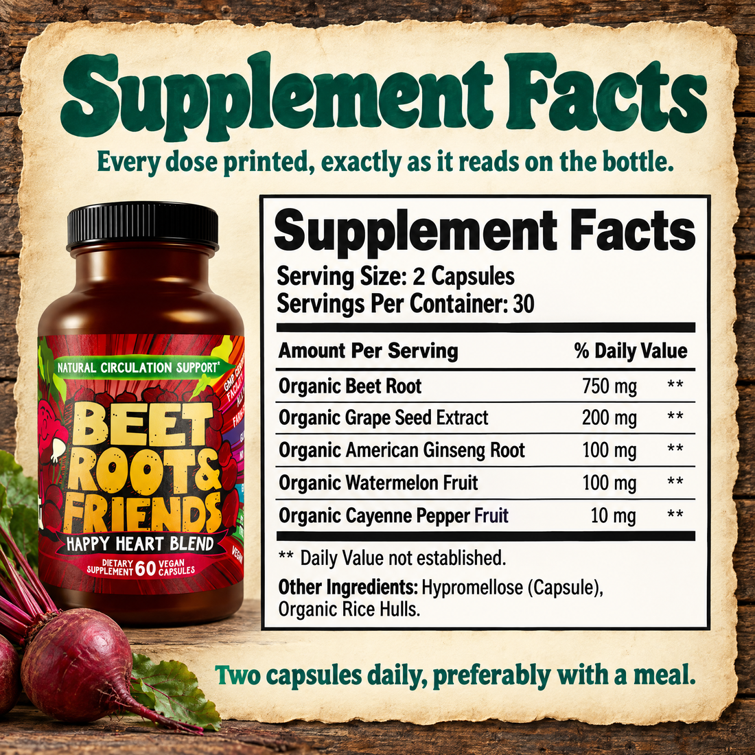 Beet Root & Friends Supplement Facts panel, every dose per two-capsule serving