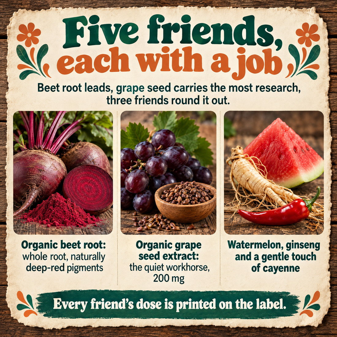 Beet Root & Friends ingredients: beet root, grape seed extract, watermelon, American ginseng and cayenne