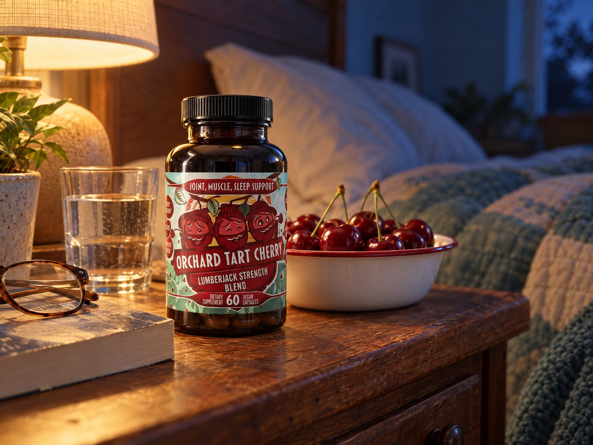 Orchard Tart Cherry bottle on a nightstand at bedtime