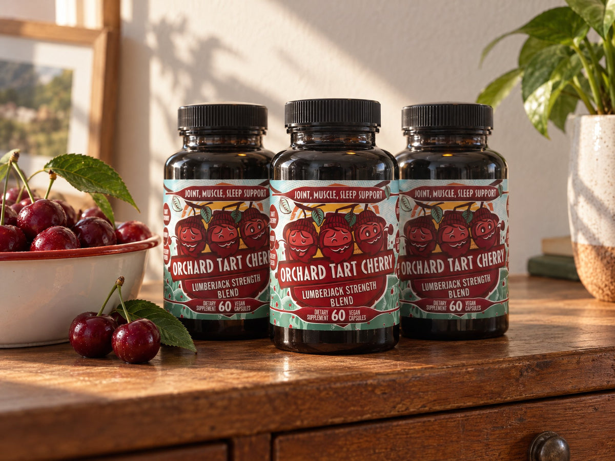 Three bottles of Orchard Tart Cherry on a dresser