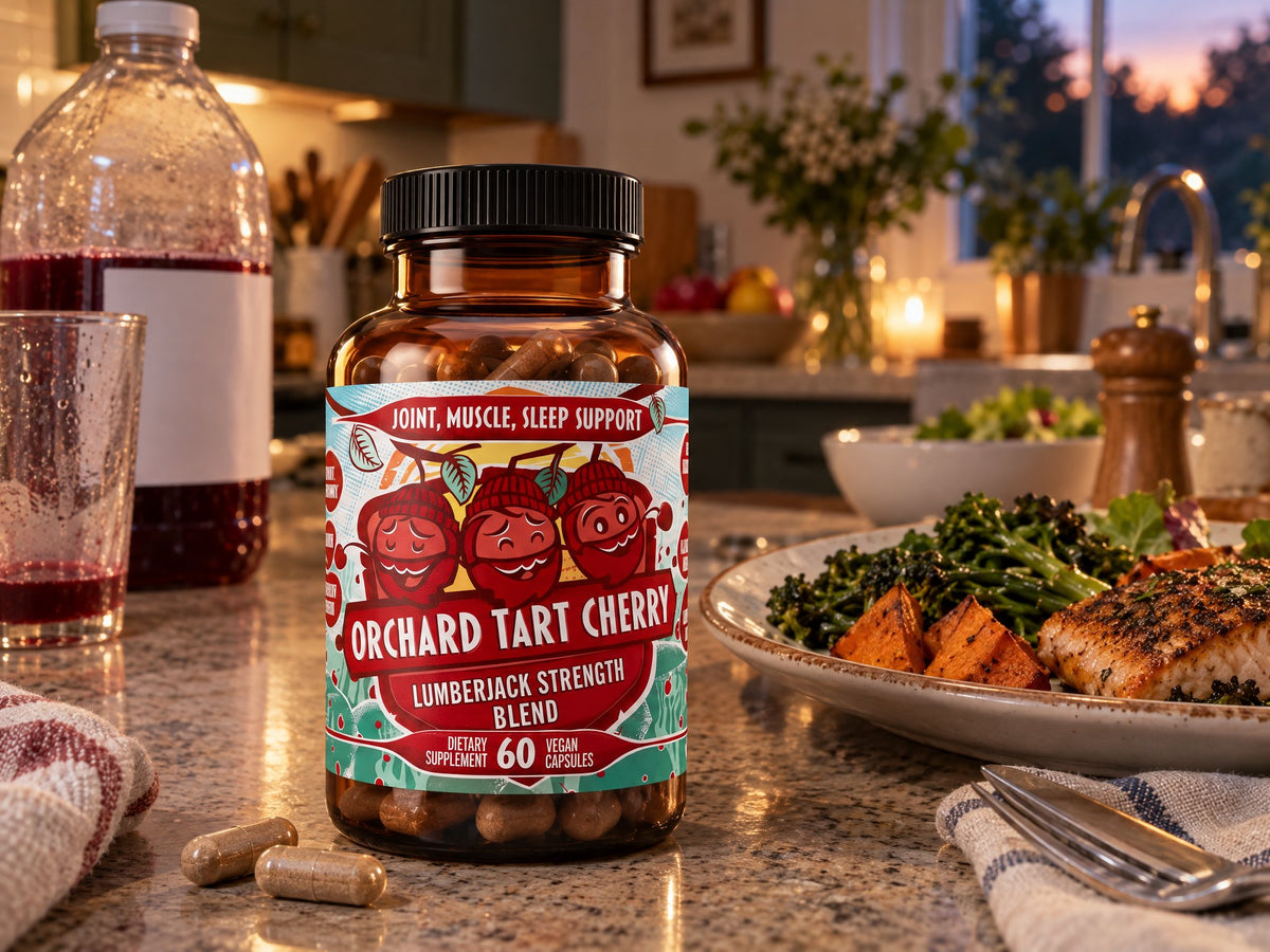 Orchard Tart Cherry bottle and two capsules beside dinner, a juice jug pushed aside