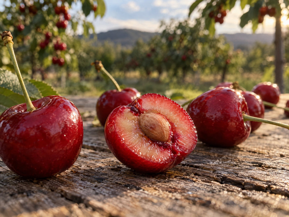 Halved tart cherry on a weathered orchard table