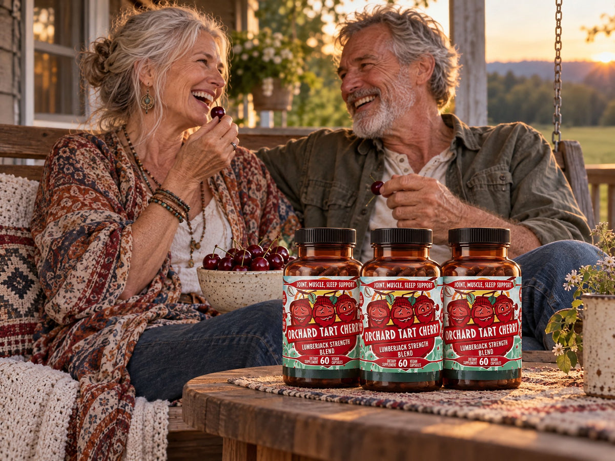 Couple laughing on a porch swing with three Orchard Tart Cherry bottles