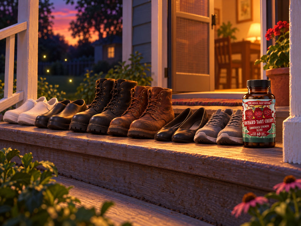 A row of work shoes on a porch step at dusk with a bottle of Orchard Tart Cherry