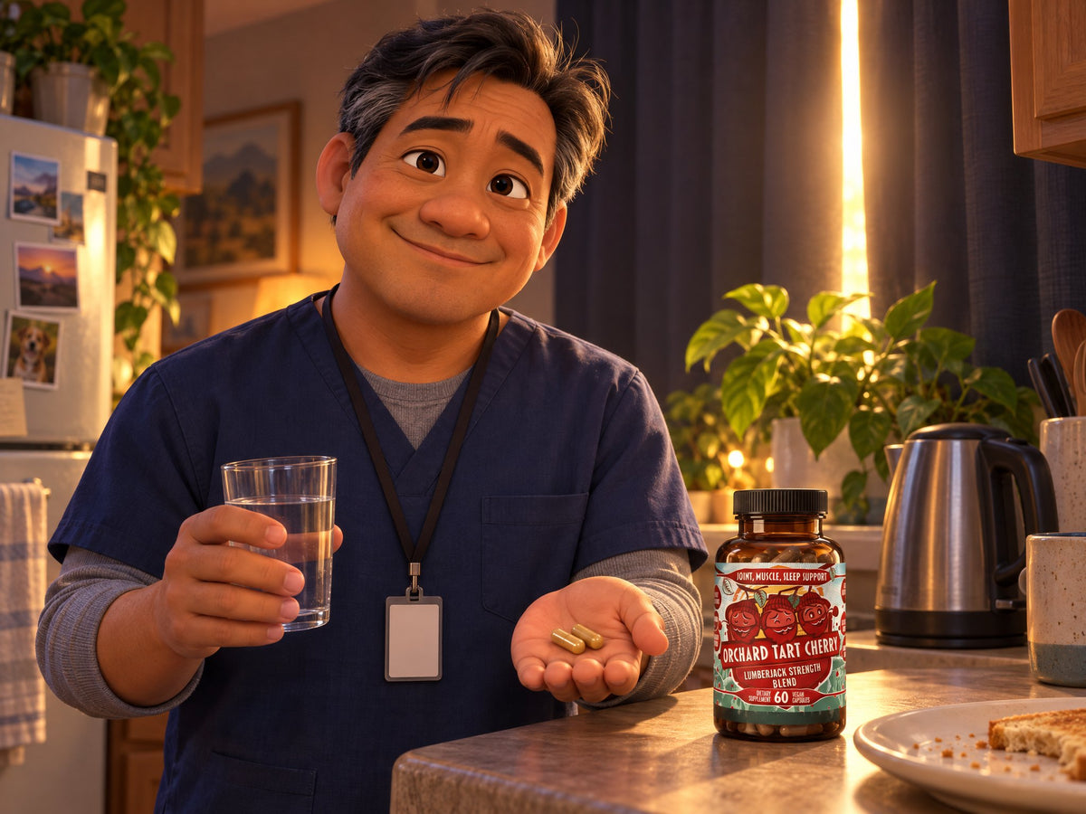 Sam, a night-shift nurse, holding two capsules beside a bottle of Orchard Tart Cherry in the morning