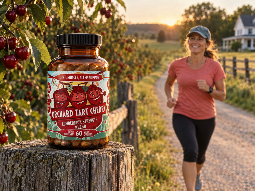 Orchard Tart Cherry bottle on a fence post as a runner jogs past a cherry orchard