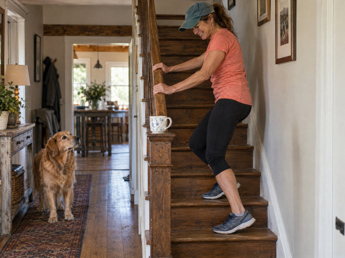 Runner easing down the stairs sideways the morning after a long run