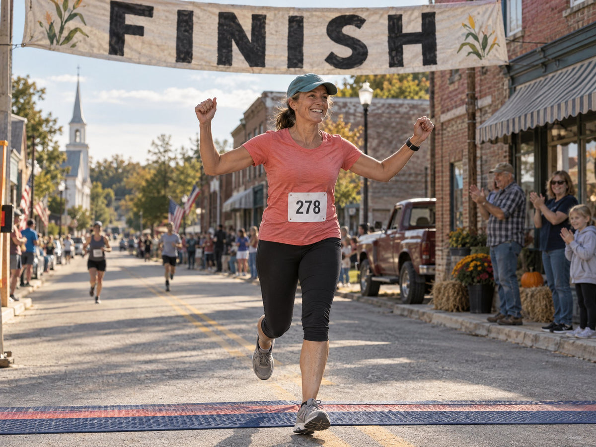 Runner crossing a small-town half marathon finish line