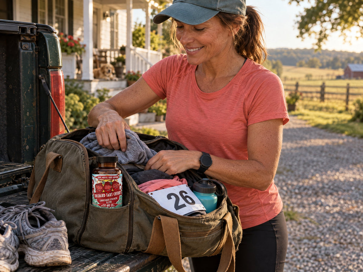Runner packing a race-weekend bag with an Orchard Tart Cherry bottle
