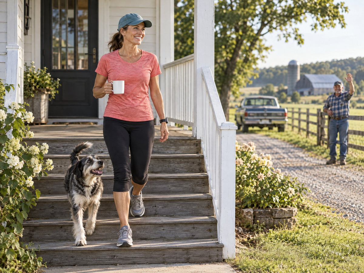 Runner walking easily down her porch steps with her dog
